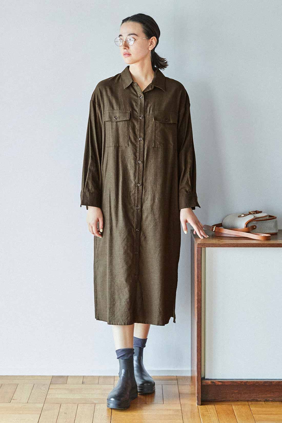 THREE FIFTY STANDARD|THREE FIFTY STANDARD ミニチェックのシャツワンピース〈カーキ〉