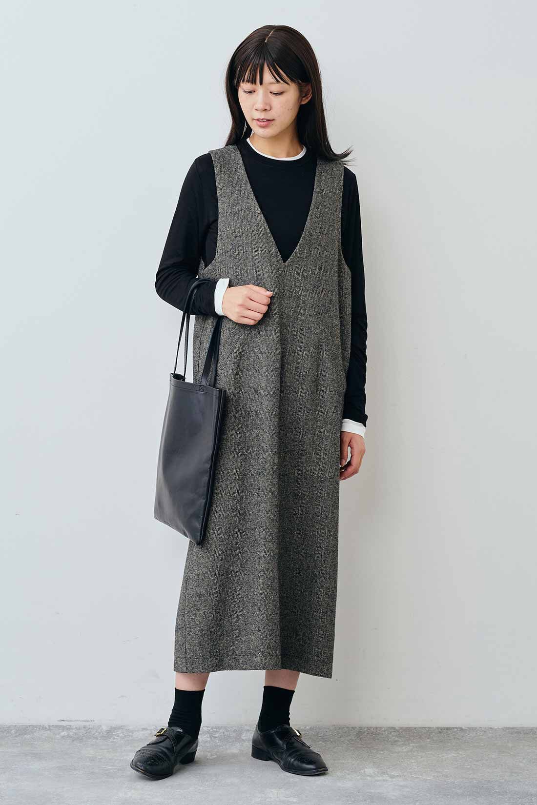 THREE FIFTY STANDARD|THREE FIFTY STANDARD シアーなクルーネックのロングスリーブTシャツの会|モデル身長：163cm 着用サイズ：M