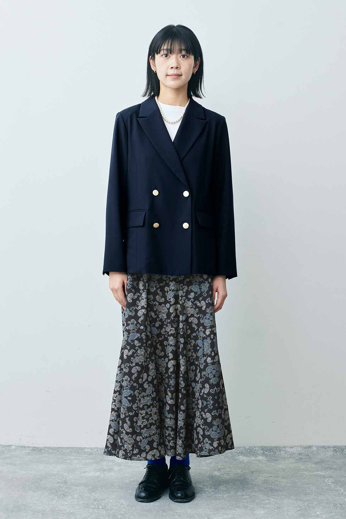 THREE FIFTY STANDARD|THREE FIFTY STANDARD ダブルフロントジャケット〈ネイビー〉|モデル身長：163cm 着用サイズ：M