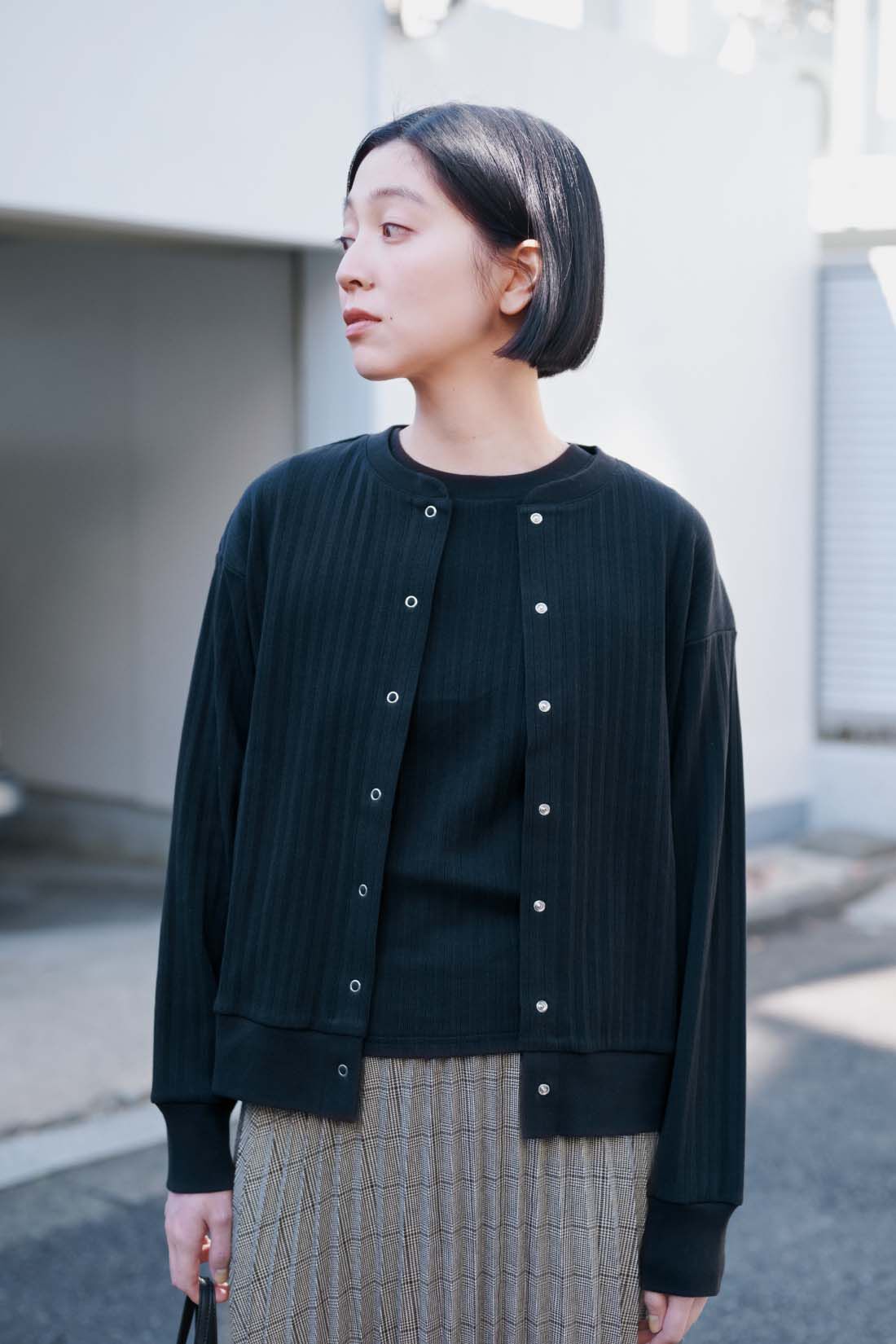 THREE FIFTY STANDARD|THREE FIFTY STANDARD　針抜きテレコのカットソーアンサンブル〈ブラック〉