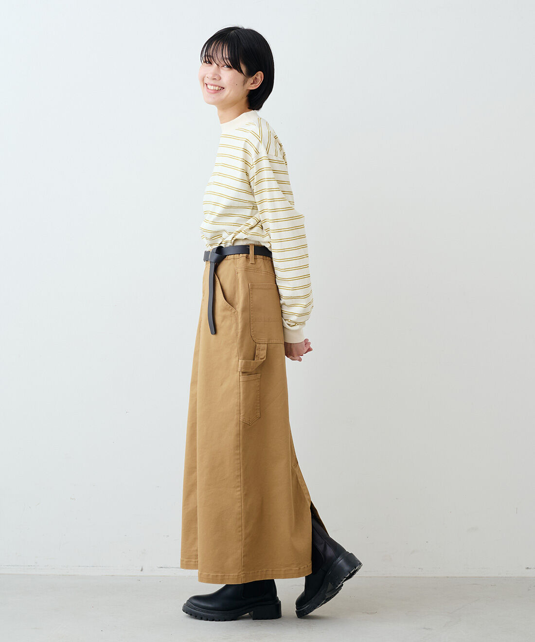 THREE FIFTY STANDARD|THREE FIFTY STANDARD　カツラギペインタースカート〈カーキベージュ〉|モデル身長：163cm　着用サイズ：M