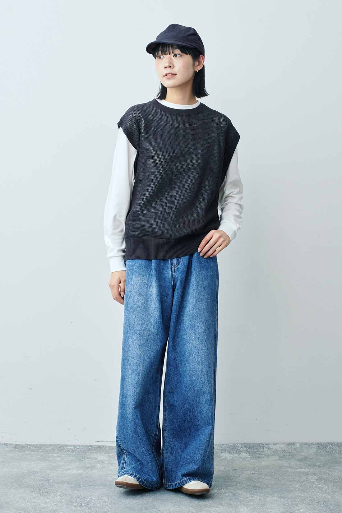 THREE FIFTY STANDARD|THREE FIFTY STANDARD タックバギーデニムパンツ|モデル身長：163cm 着用サイズ：M