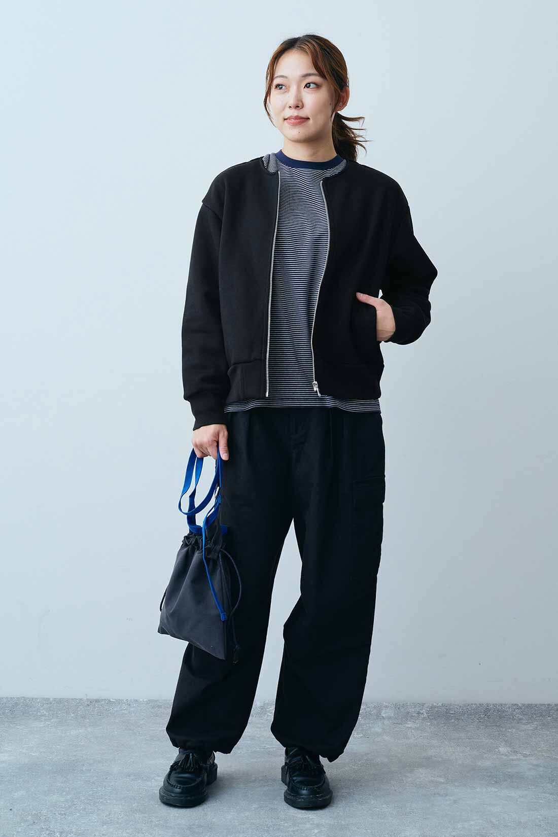THREE FIFTY STANDARD|THREE FIFTY STANDARD 微起毛カーゴパンツ〈ブラック〉|モデル身長：165cm　着用サイズ：M