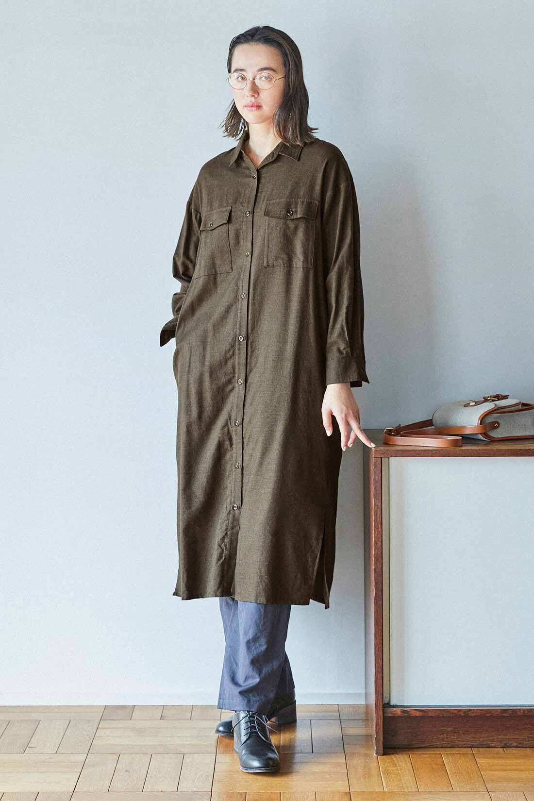 THREE FIFTY STANDARD|THREE FIFTY STANDARD ミニチェックのシャツワンピース〈カーキ〉