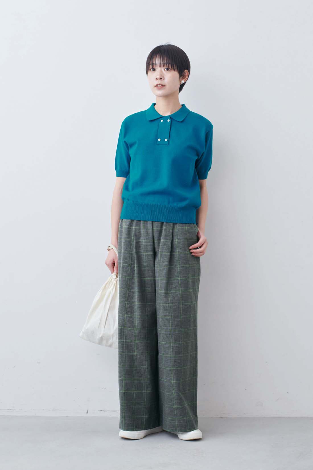 THREE FIFTY STANDARD|THREE FIFTY STANDARD　グリーンラインのチェックパンツ|モデル身長：163cm　着用サイズ：M
