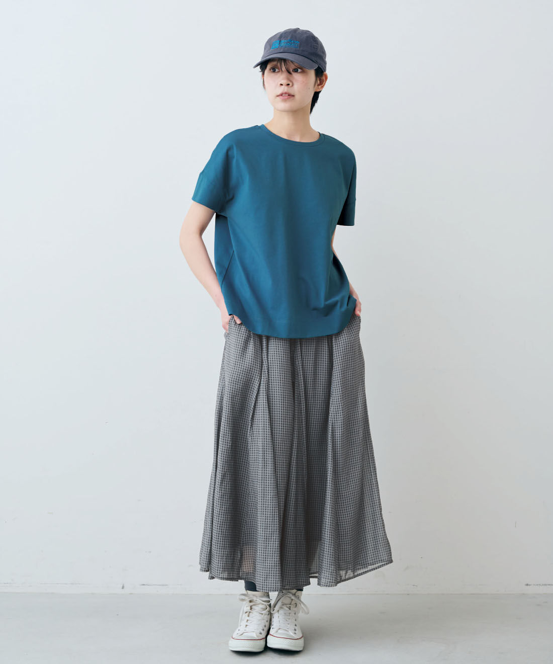 THREE FIFTY STANDARD|THREE FIFTY STANDARD　汗じみ軽減加工のダブルスリーブTシャツの会|モデル身長：163cm　着用サイズ：M