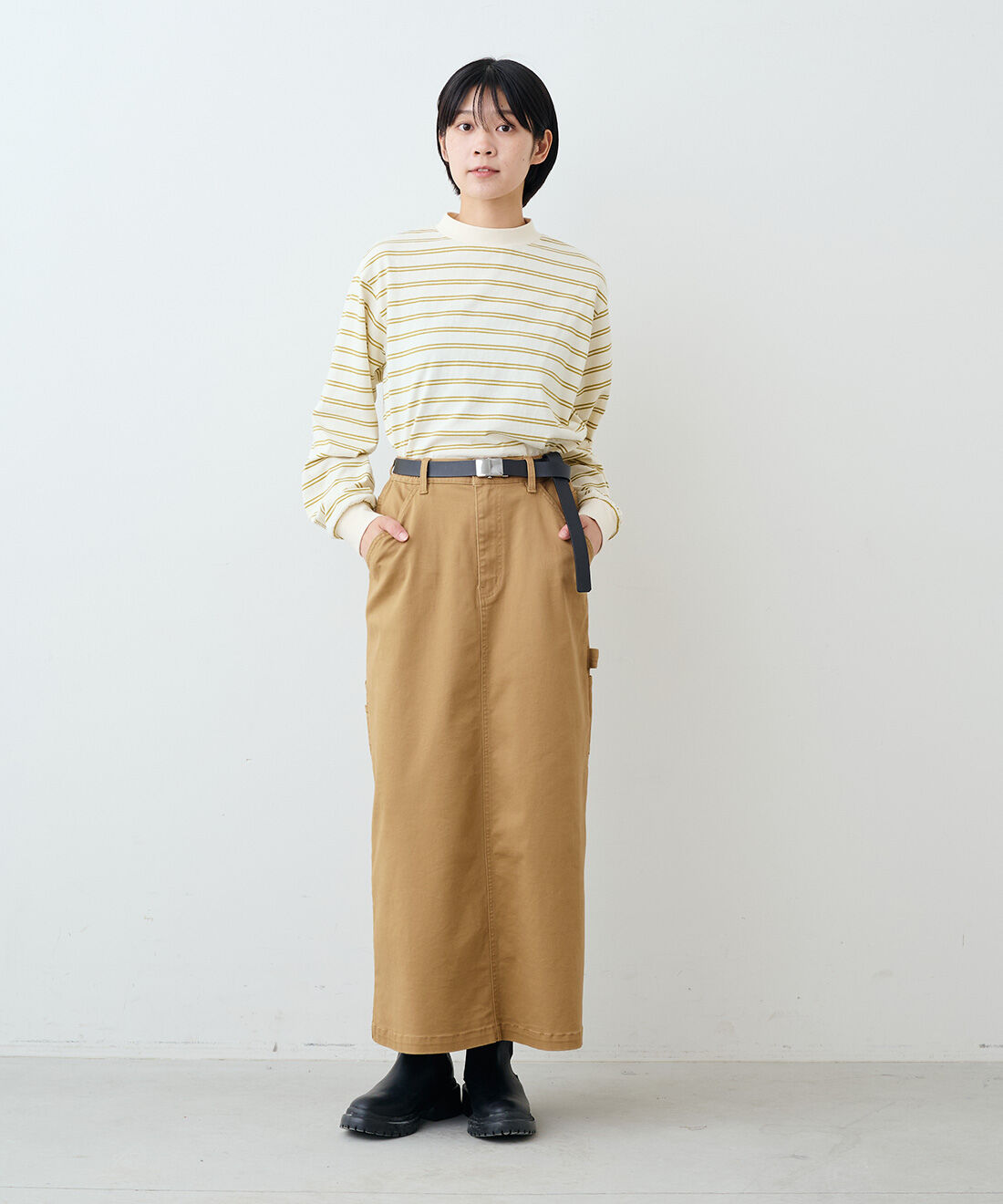 THREE FIFTY STANDARD|THREE FIFTY STANDARD　カツラギペインタースカート〈カーキベージュ〉|モデル身長：163cm　着用サイズ：M