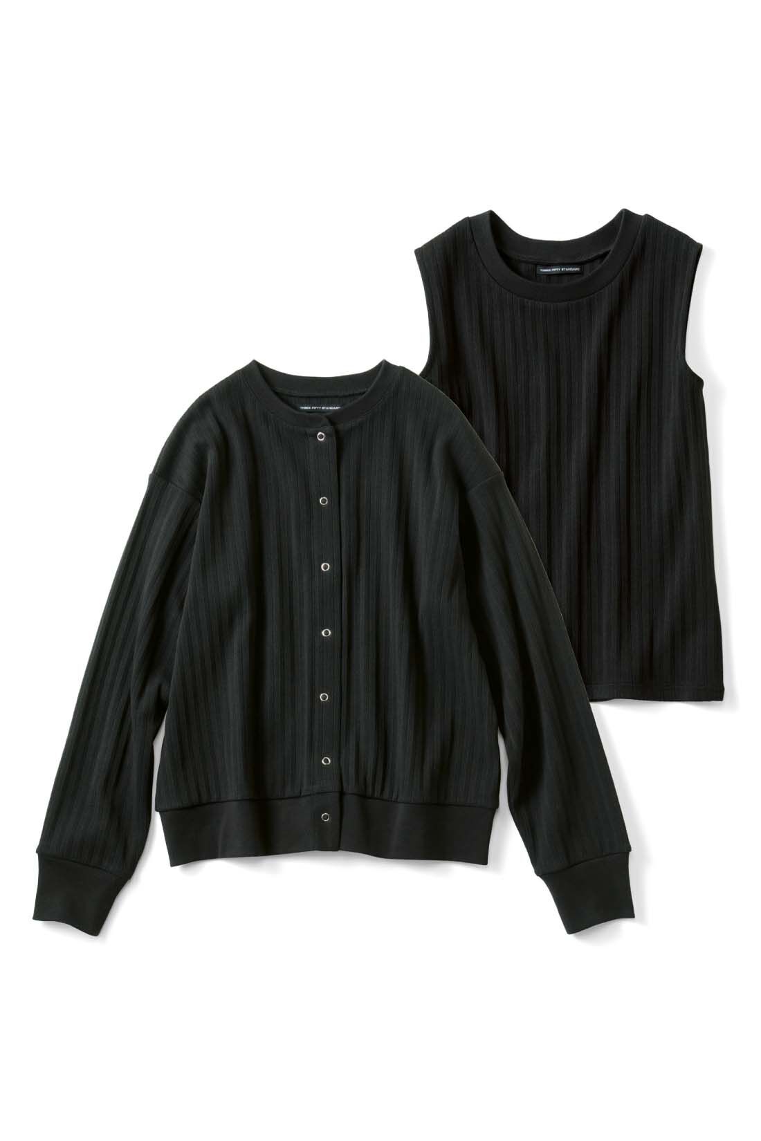 THREE FIFTY STANDARD|THREE FIFTY STANDARD　針抜きテレコのカットソーアンサンブル〈ブラック〉