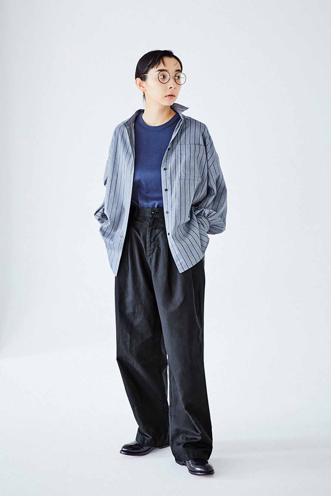 THREE FIFTY STANDARD|THREE FIFTY STANDARD リネン混ワイドストレートパンツ〈ダークネイビー〉