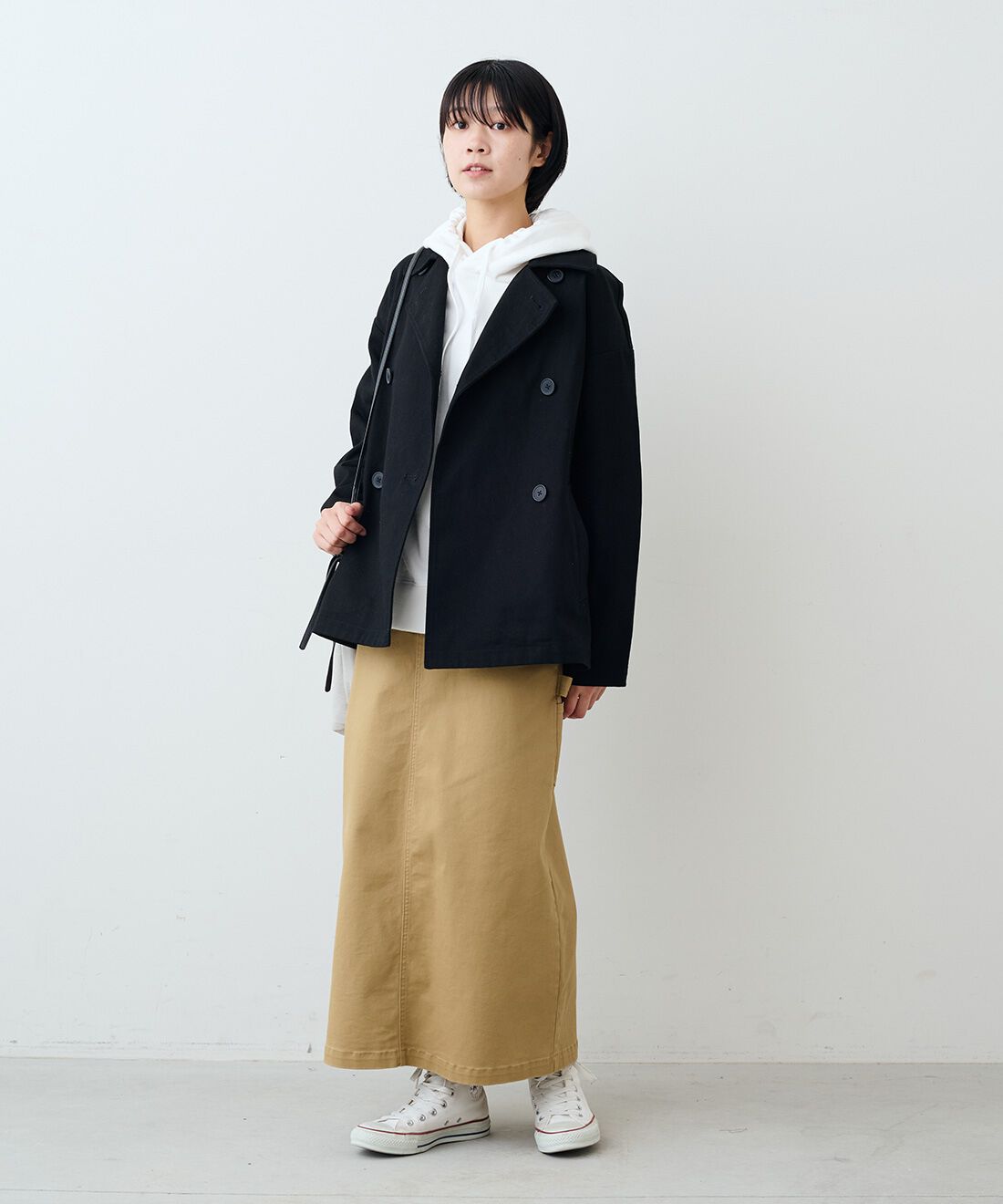 THREE FIFTY STANDARD［スリーフィフティースタンダード］|ＰＥＡＮＵＴＳフライングエースパーカーＴＦＳとカツラギペインタースカートＢＥ　ＴＦＳのコーディネート|モデル身長：163cm 着用サイズ：M