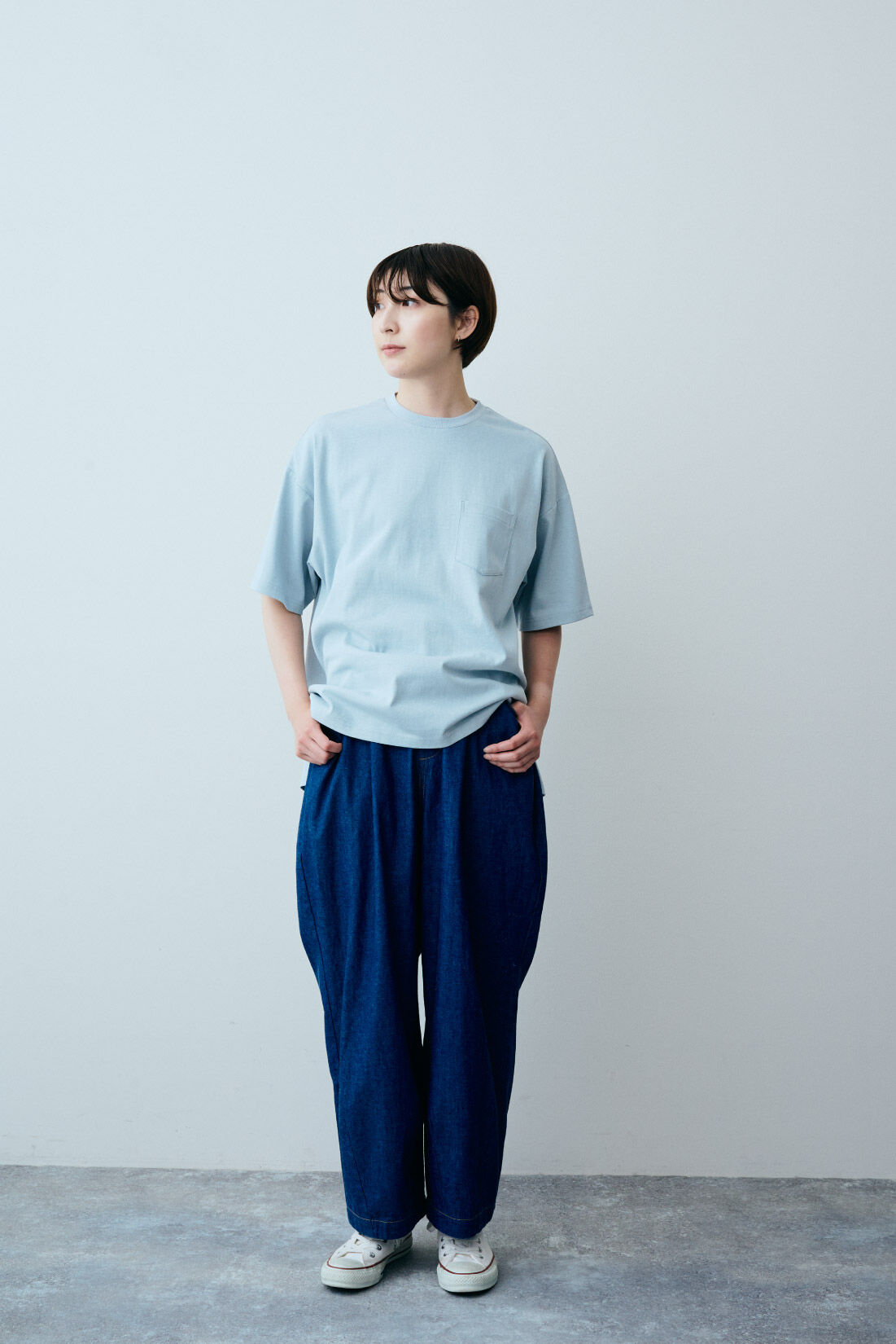 THREE FIFTY STANDARD|THREE FIFTY STANDARD 金子敦子さんと作った 8オンスのデニムズボン|モデル身長：163cm　着用サイズ：M