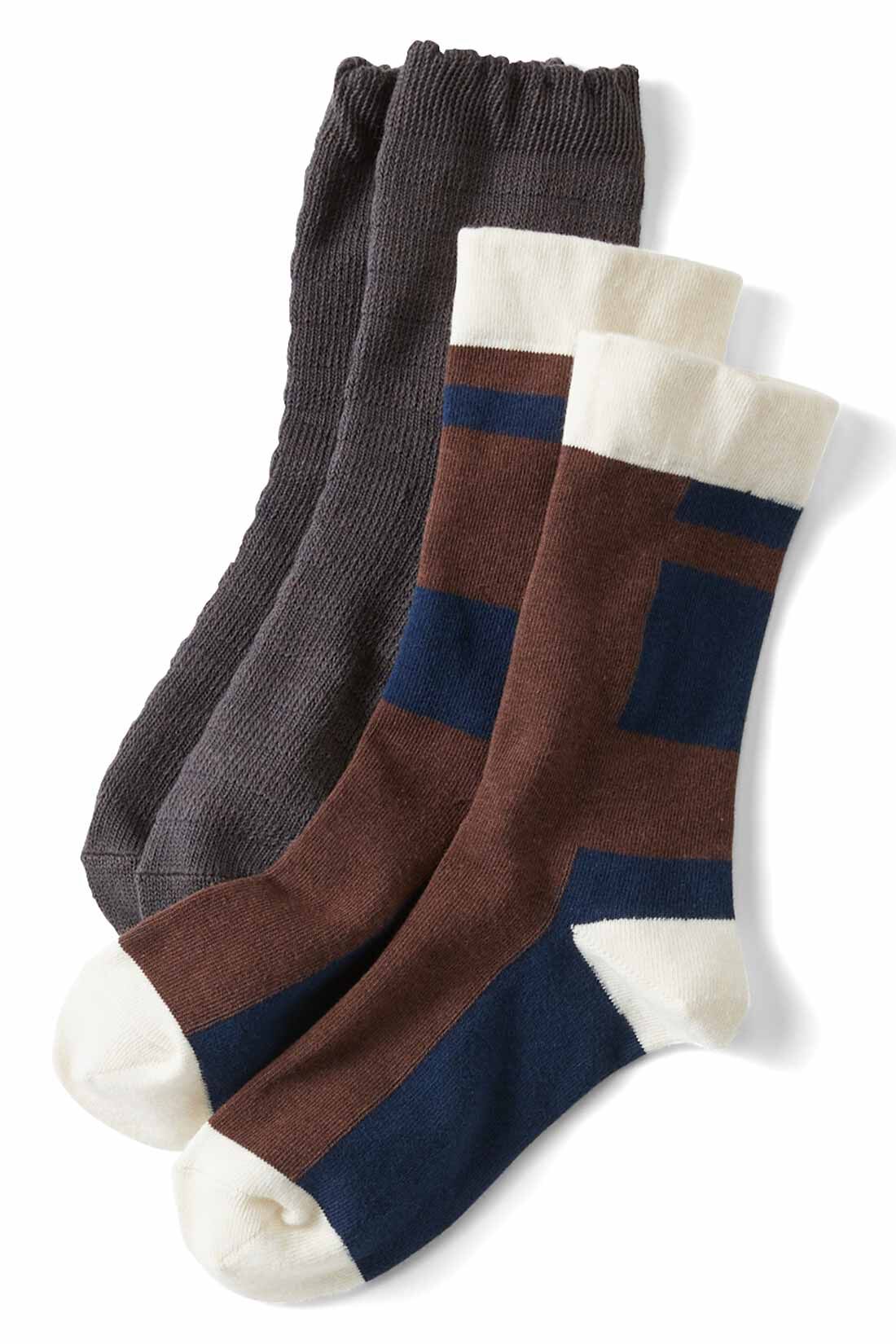 THREE FIFTY STANDARD|THREE FIFTY STANDARD 配色切り替えと編み柄ボーダーソックスセットの会|ネイビー×ブラウン