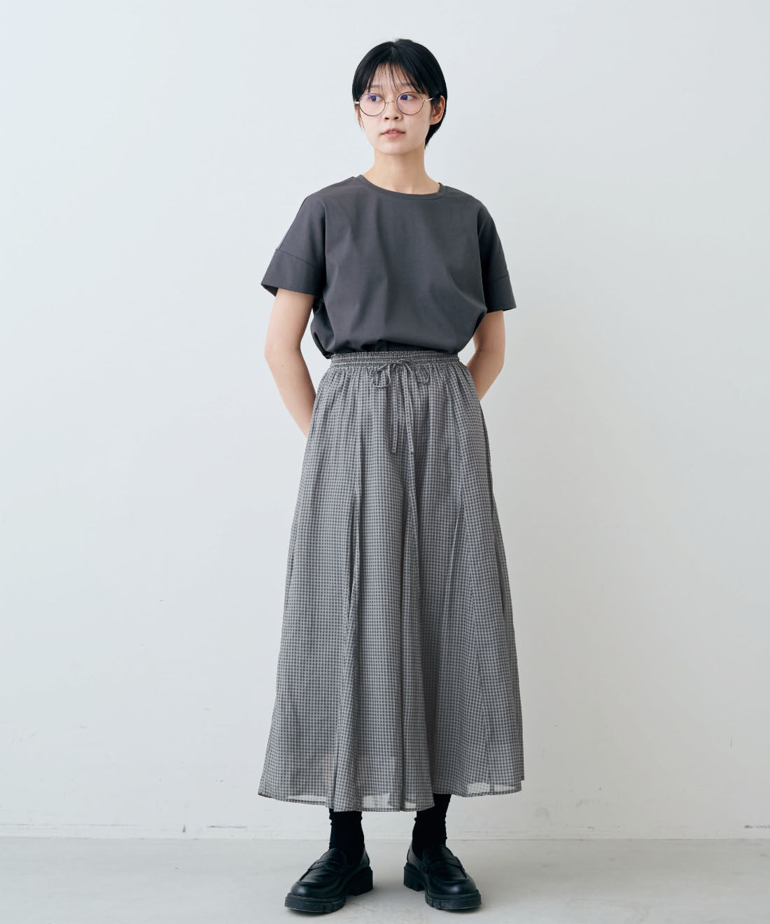 THREE FIFTY STANDARD|THREE FIFTY STANDARD　汗じみ軽減加工のダブルスリーブTシャツの会|モデル身長：163cm　着用サイズ：M
