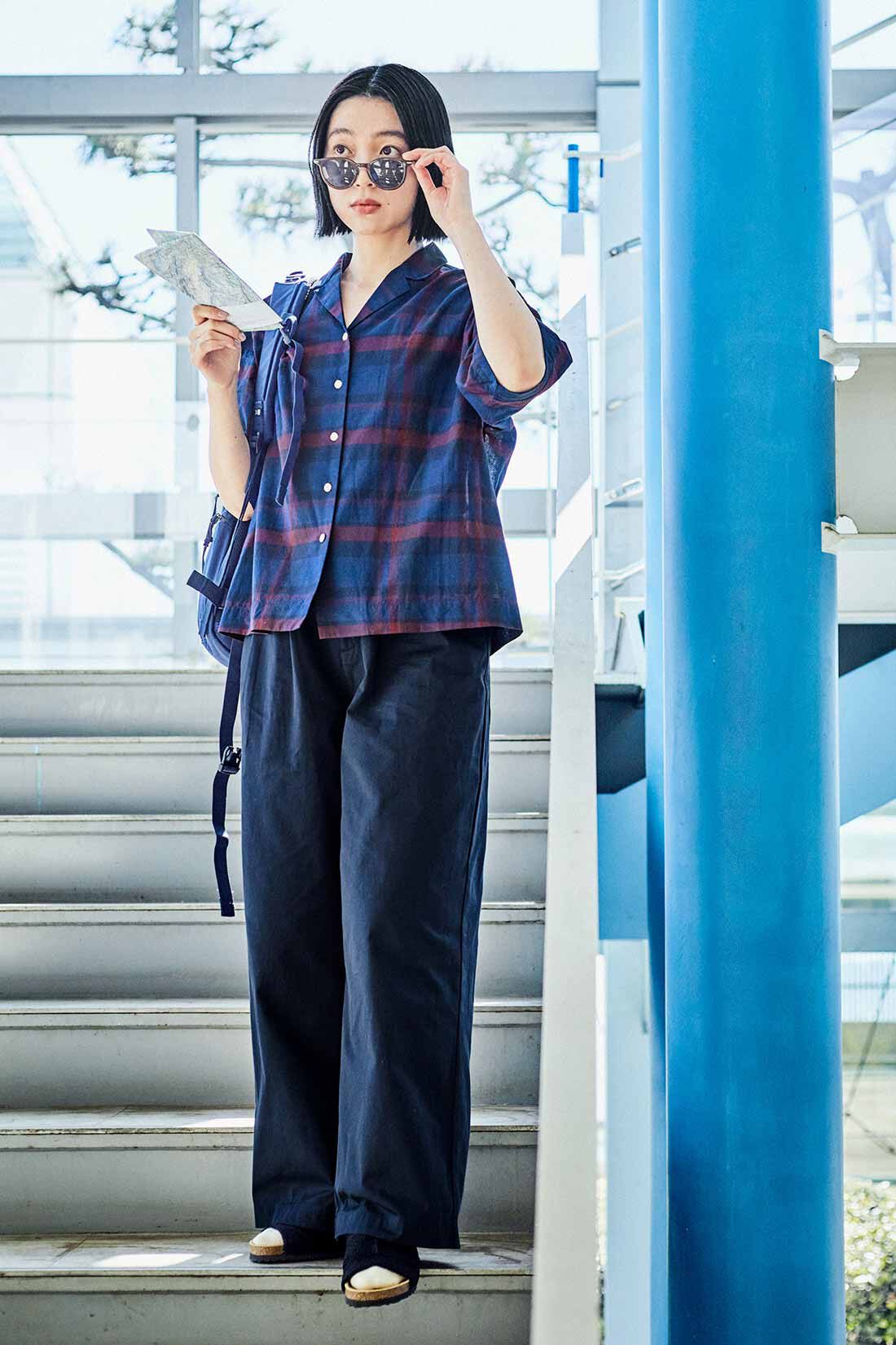 THREE FIFTY STANDARD|THREE FIFTY STANDARD チェック柄の開衿シャツ〈ネイビー〉