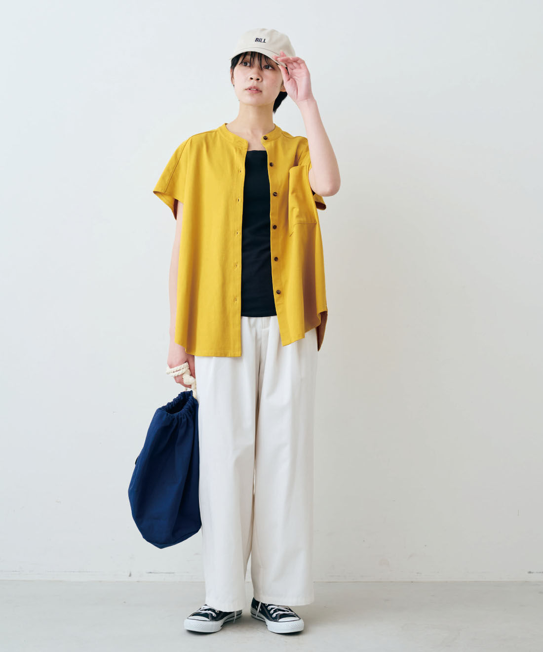 THREE FIFTY STANDARD［スリーフィフティースタンダード］|THREE FIFTY STANDARD　金子敦子さんと作った 接触冷感・吸汗速乾機能がついた カットソーシャツ〈マスタード〉|モデル身長：163cm　着用サイズ：M
