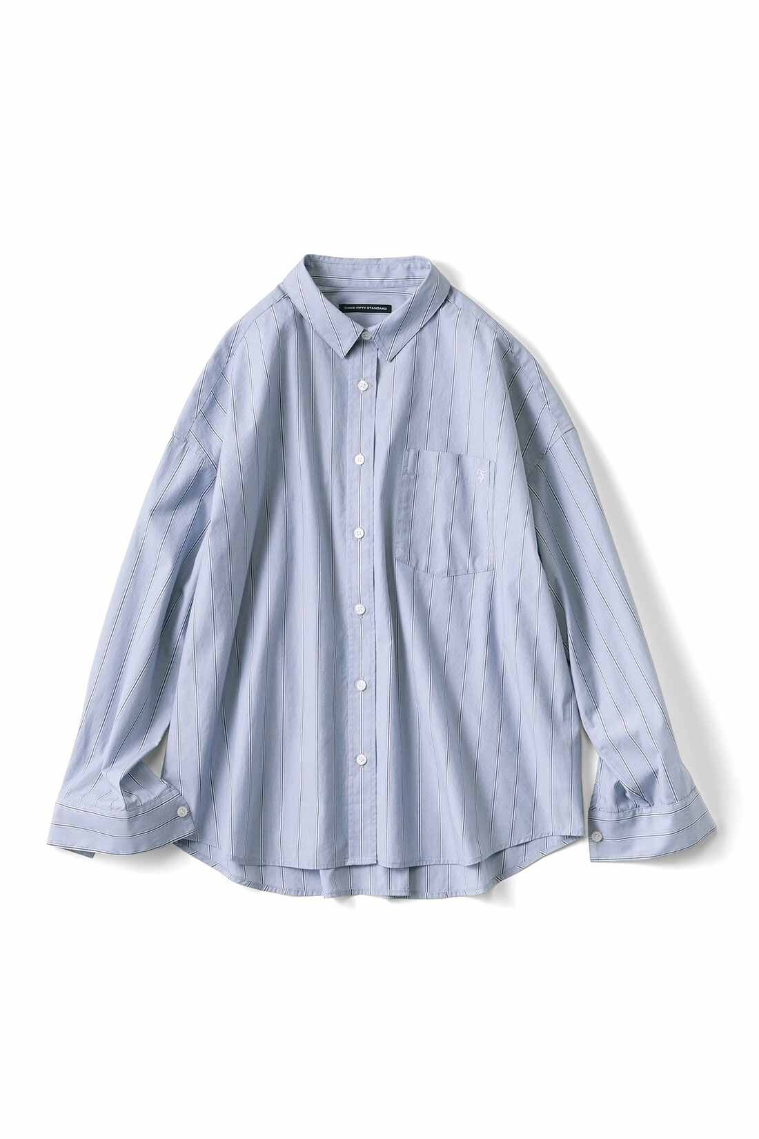 THREE FIFTY STANDARD|THREE FIFTY STANDARD ワンポイント刺しゅうのストライプシャツ〈ブルーグレー〉
