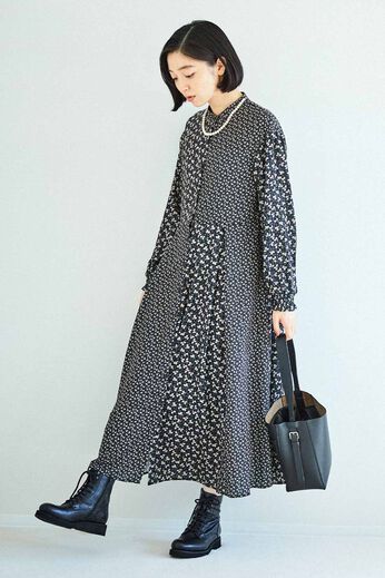 THREE FIFTY STANDARD | ミュルーズモダン 切り替えデザインのヴィンテージパターンワンピース〈ブラック〉