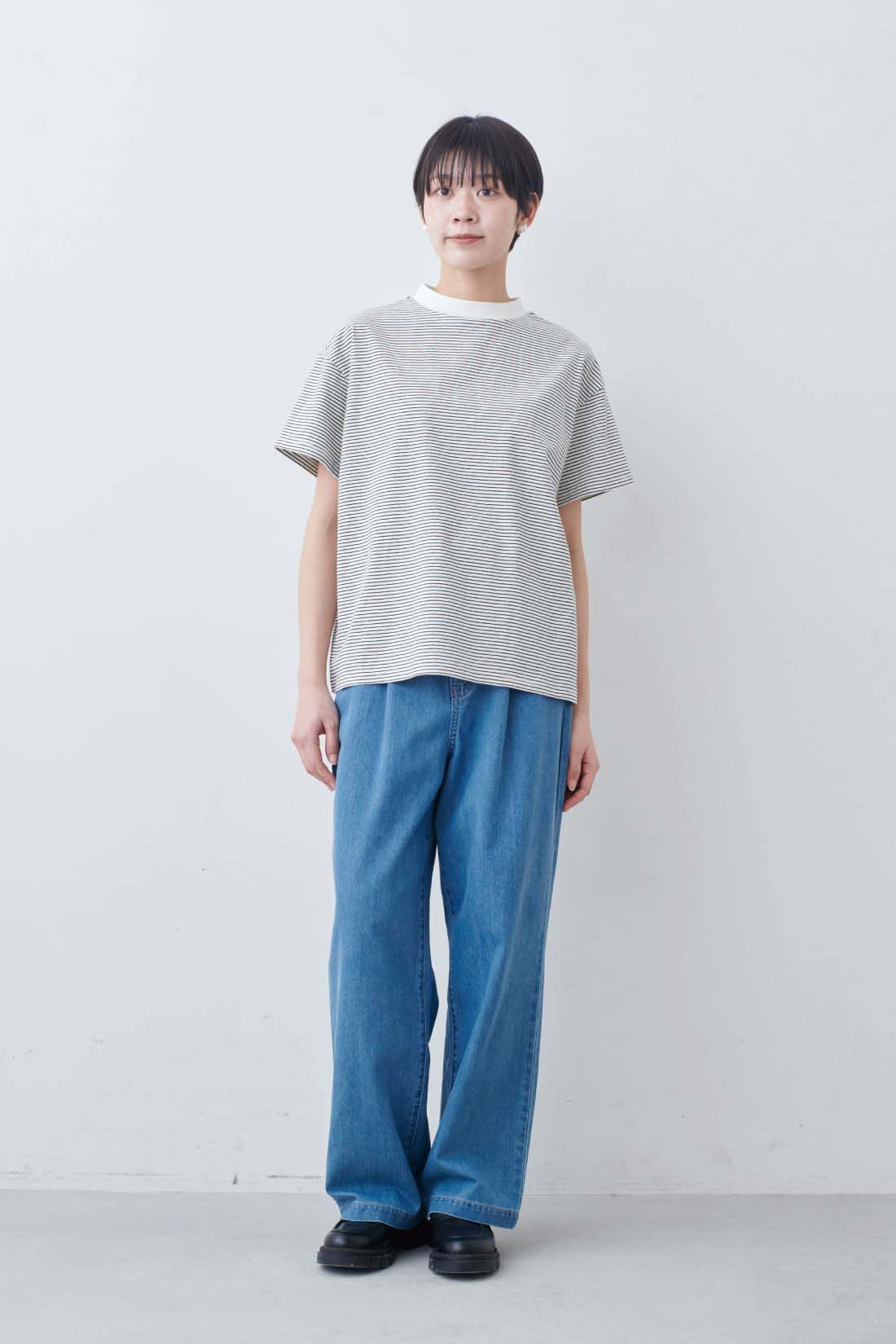THREE FIFTY STANDARD|THREE FIFTY STANDARD　こだわりボーダーTシャツの会|モデル身長：163cm　着用サイズ：M
