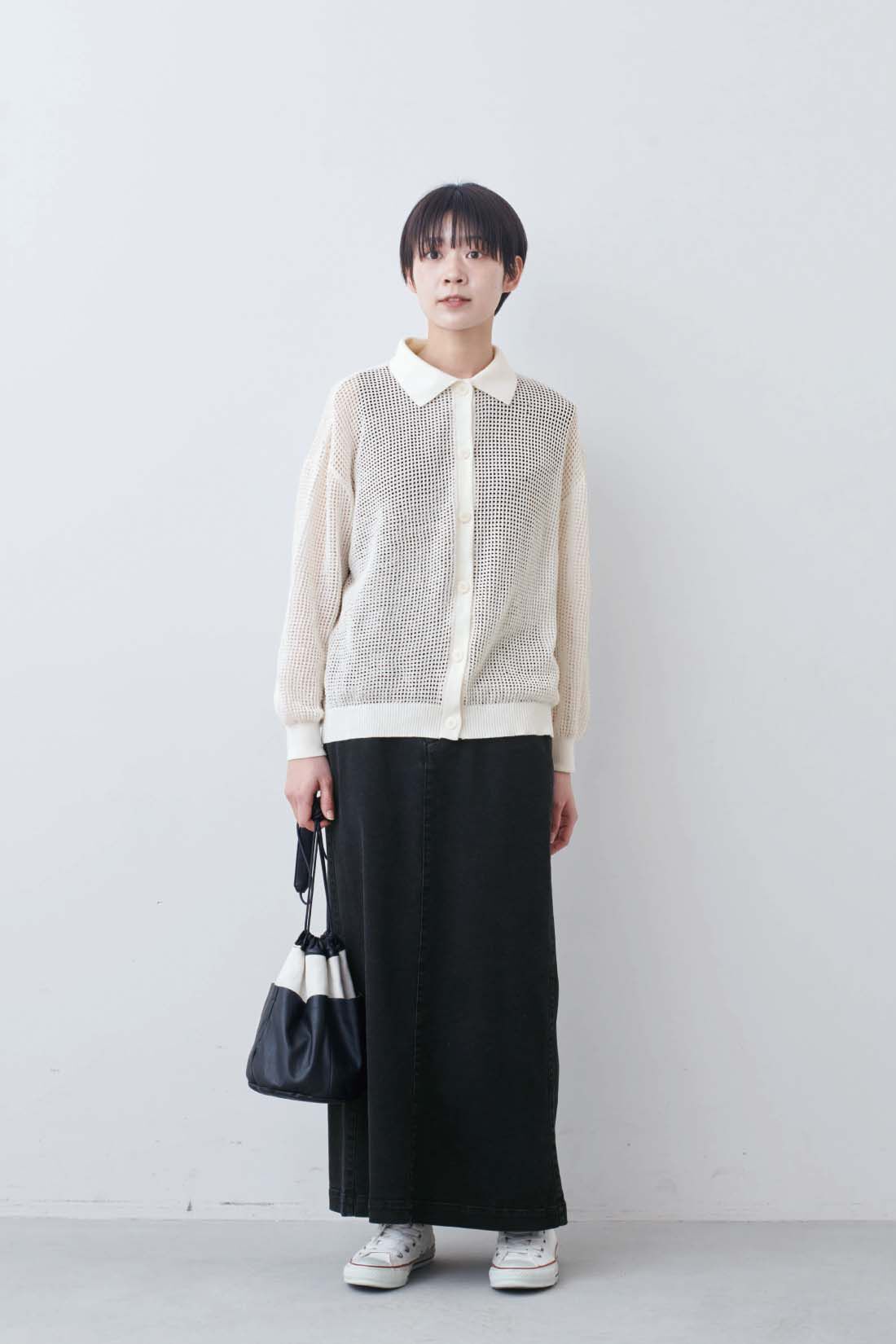 THREE FIFTY STANDARD|THREE FIFTY STANDARD　衿付きニット透かし編みカーディガン〈オフホワイト〉|モデル身長：163cm　着用サイズ：M