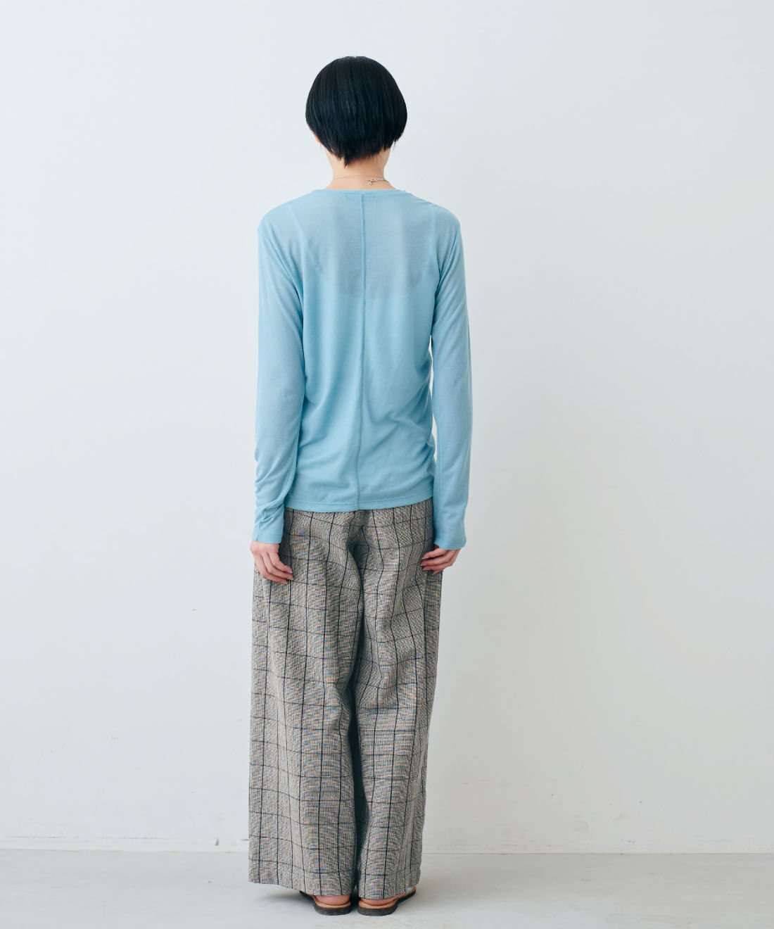 THREE FIFTY STANDARD|シアーなカットソートップスの会と綿混 ベア天じく ブラキャミソールと綿100% モノトーンチェック ワイドパンツのコーディネート THREE FIFTY STANDARD|シアーなカットソートップスの会と綿混 ベア天じく ブラキャミソールと綿100% モノトーンチェック ワイドパンツのコーディネート