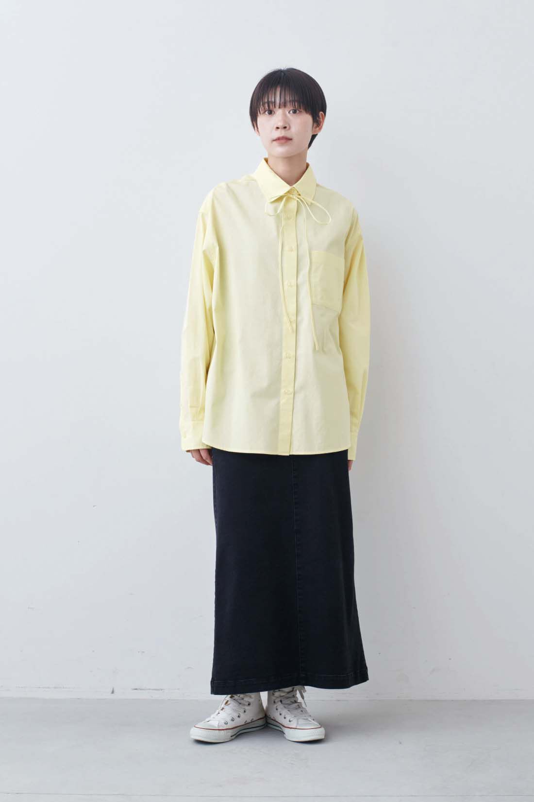 THREE FIFTY STANDARD|THREE FIFTY STANDARD　小谷 実由さんと作った こだわりの薄黄色シャツ〈イエロー〉|モデル身長：163cm　着用サイズ：M