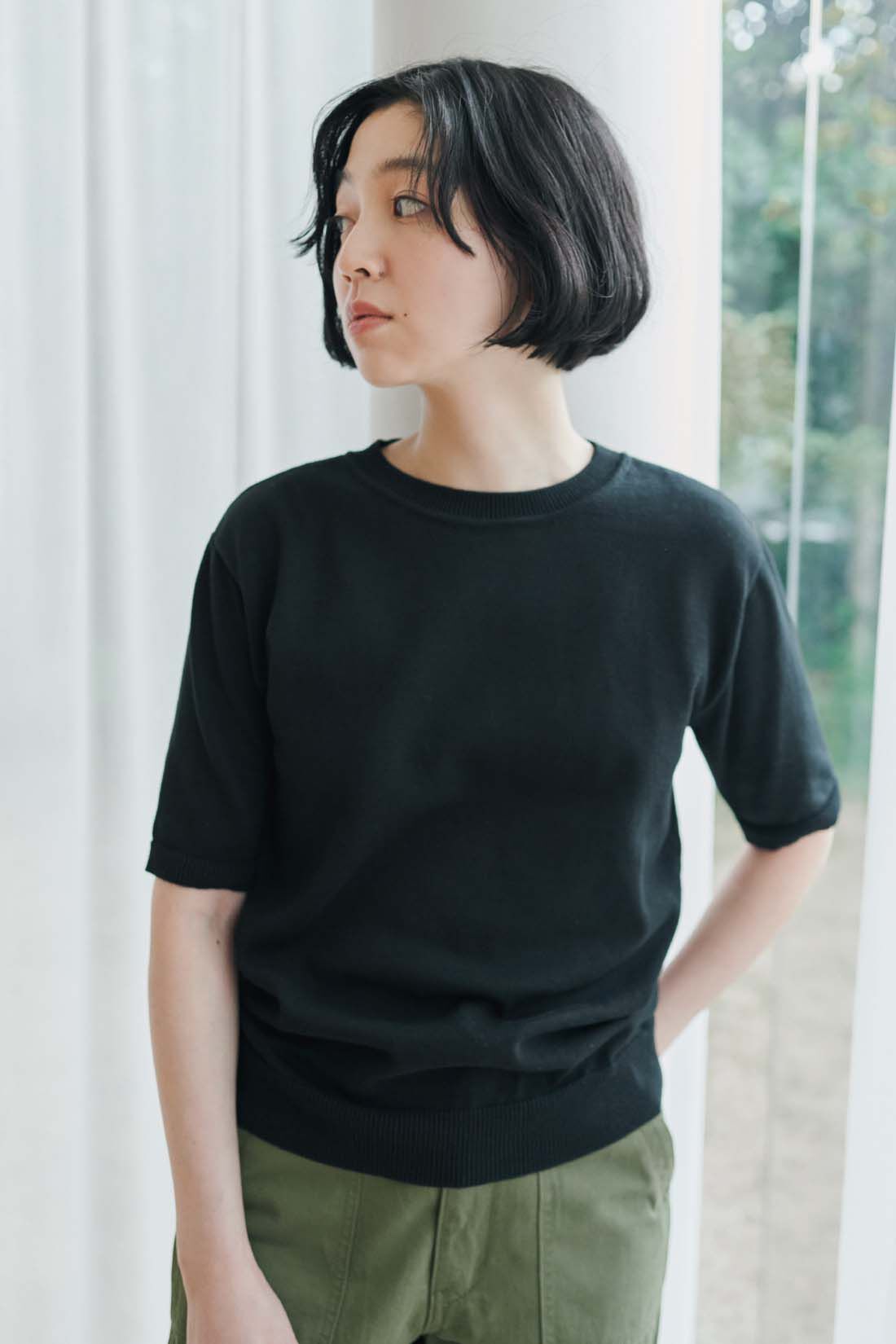 THREE FIFTY STANDARD|THREE FIFTY STANDARD　オーガニックコットンとリサイクルポリエステルのニットトップス〈ブラック〉