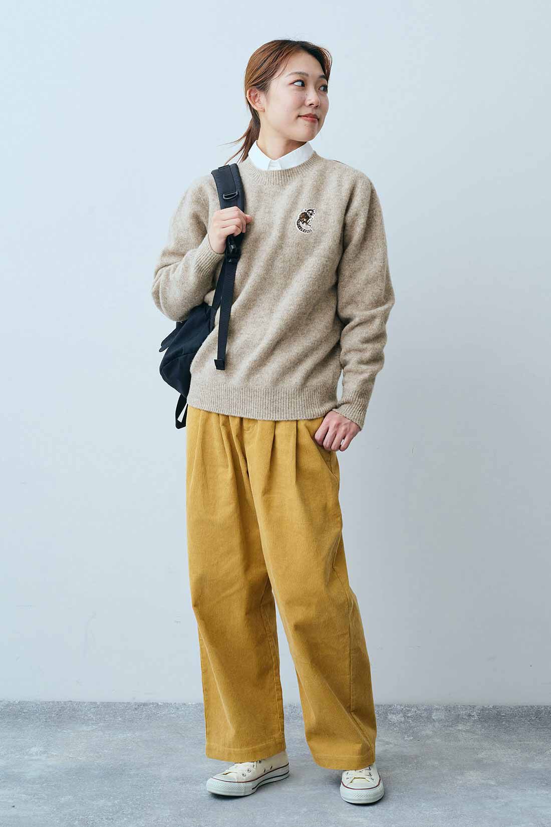 THREE FIFTY STANDARD|THREE FIFTY STANDARD コーデュロイ2タックパンツ〈マスタード〉|モデル身長：165cm　着用サイズ：M
