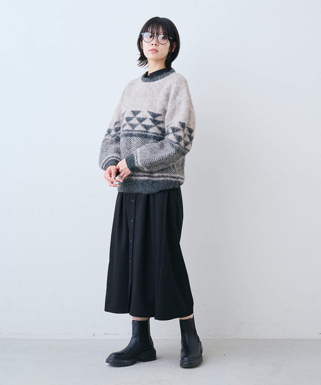 THREE FIFTY STANDARD|ふんわりジャカードニットセーター〈ブラウンベージュ〉のコーディネート