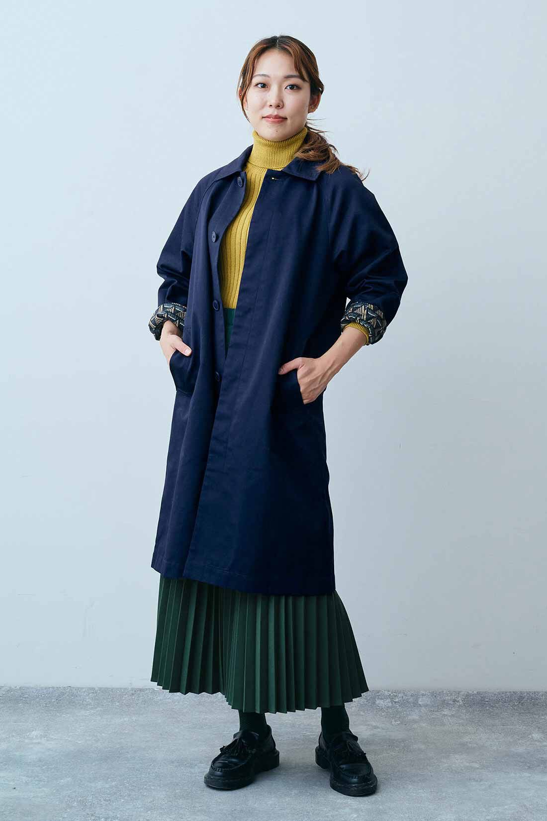 THREE FIFTY STANDARD|THREE FIFTY STANDARD ミュルーズモダン スタンダードなステンカラーコート〈ネイビー〉|モデル身長：165cm　着用サイズ：M