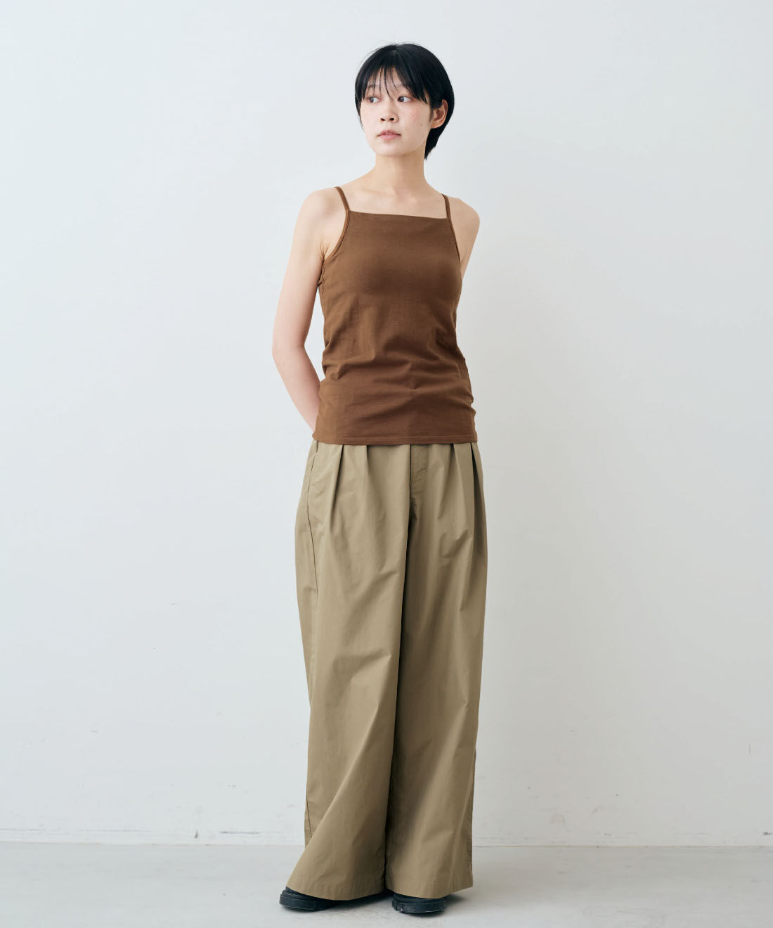 THREE FIFTY STANDARD|THREE FIFTY STANDARD　やわらかなフィット感のベア天じくブラキャミソールの会|モデル身長：163cm　着用サイズ：M