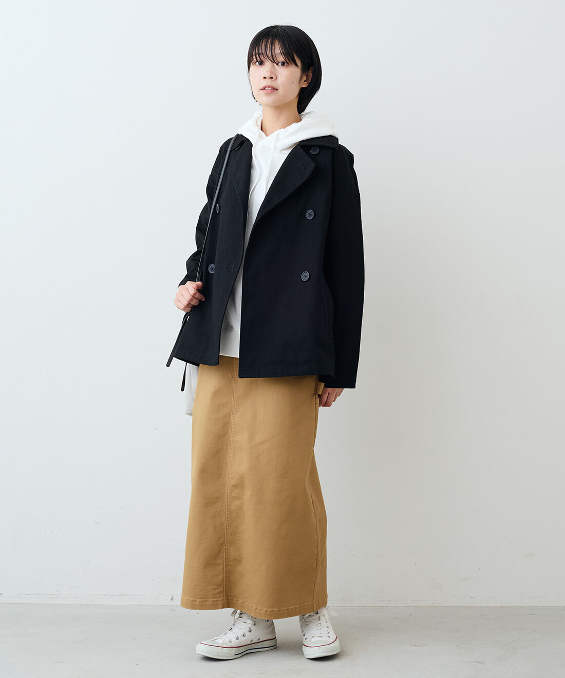 THREE FIFTY STANDARD|THREE FIFTY STANDARD　カツラギペインタースカート〈カーキベージュ〉|モデル身長：163cm　着用サイズ：M