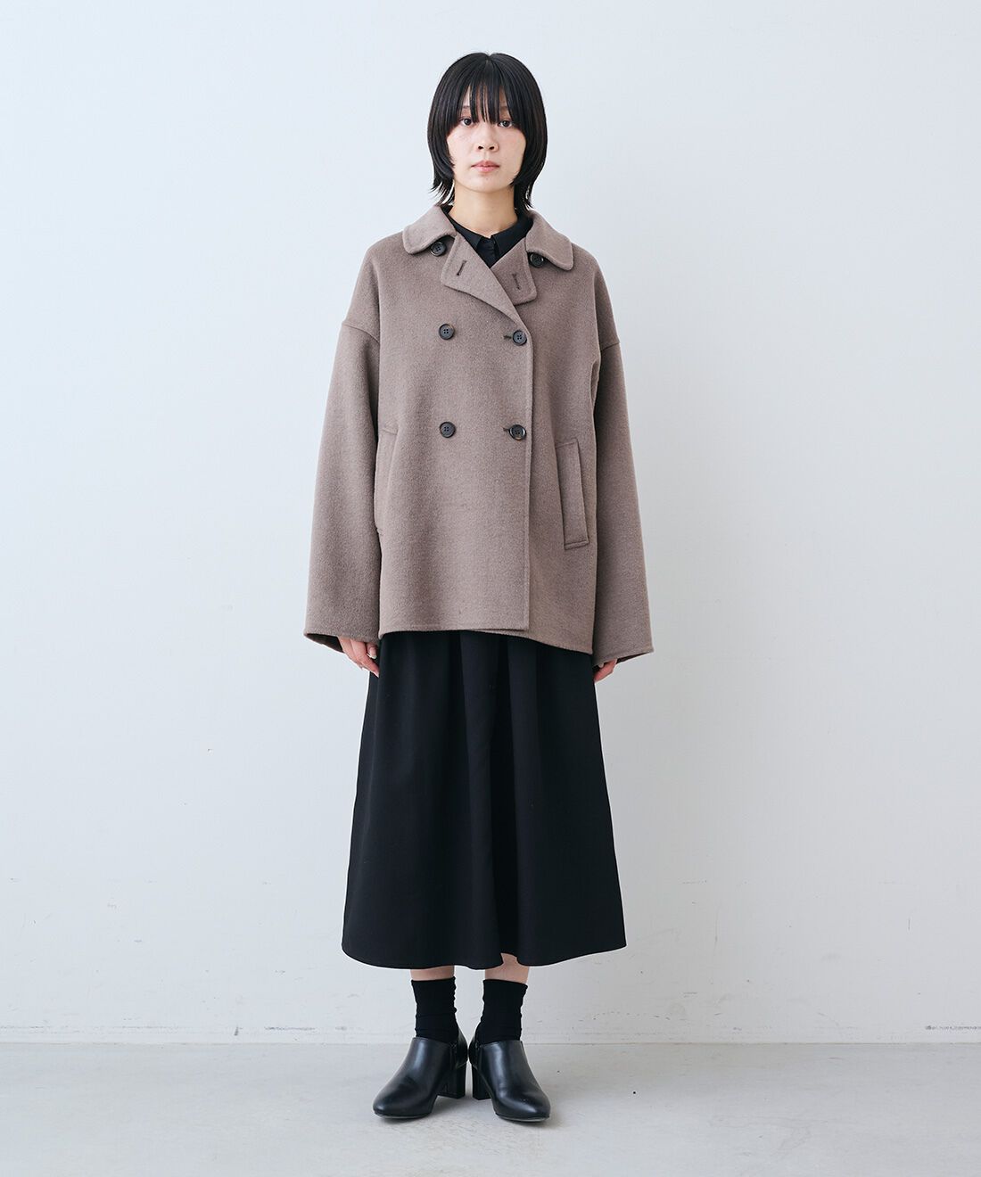 THREE FIFTY STANDARD|ウール混 リバーPコート 〈モカブラウン〉のコーディネート