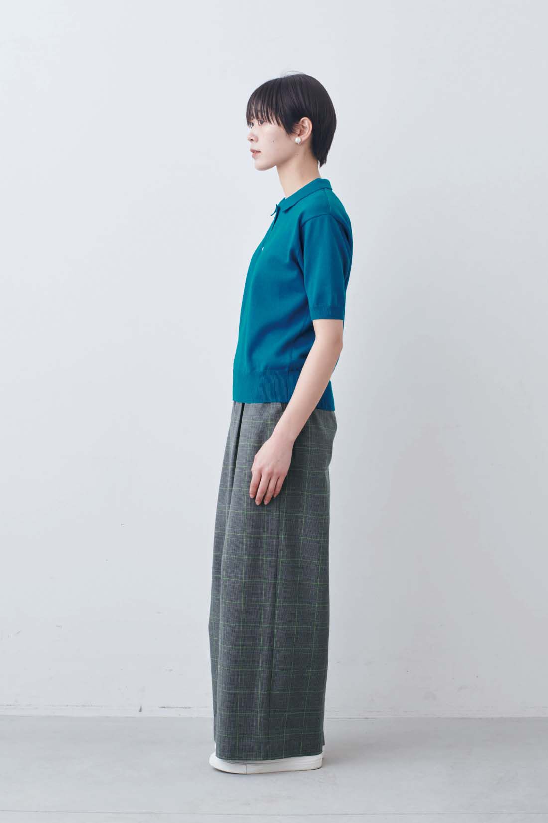 THREE FIFTY STANDARD|THREE FIFTY STANDARD　グリーンラインのチェックパンツ|モデル身長：163cm　着用サイズ：M
