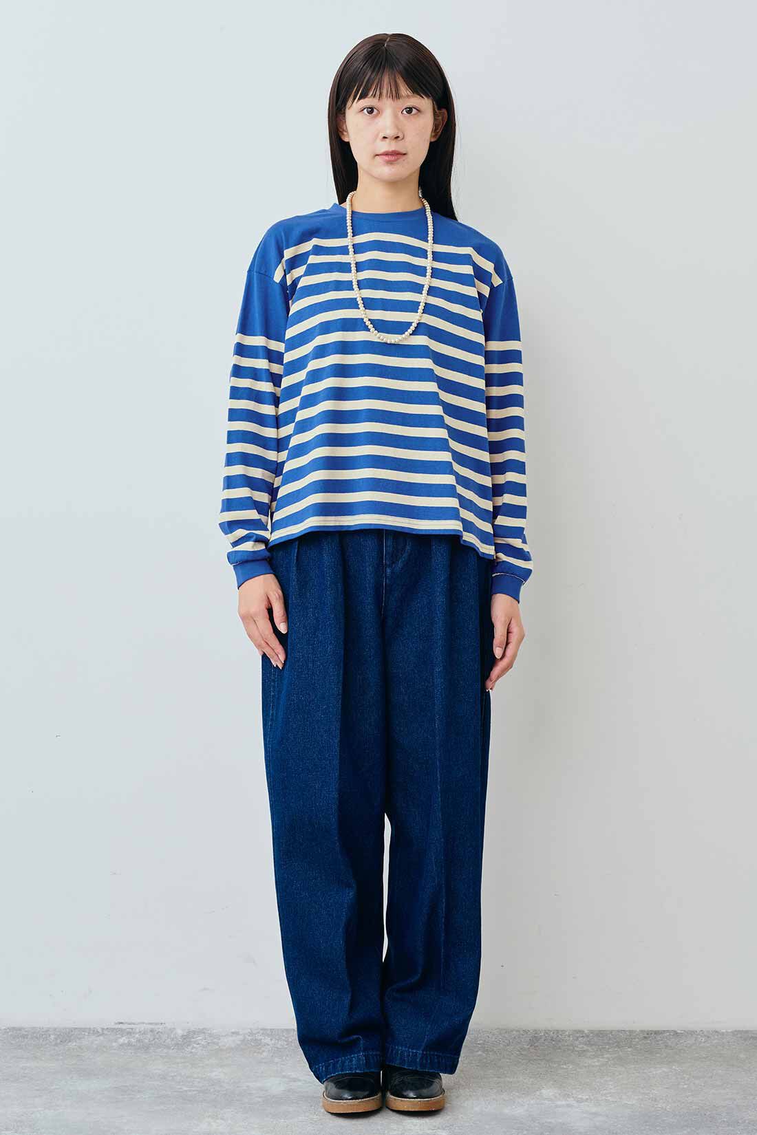 THREE FIFTY STANDARD|THREE FIFTY STANDARD クルーネックのパネルボーダーTシャツの会|モデル身長：163cm　着用サイズ：M