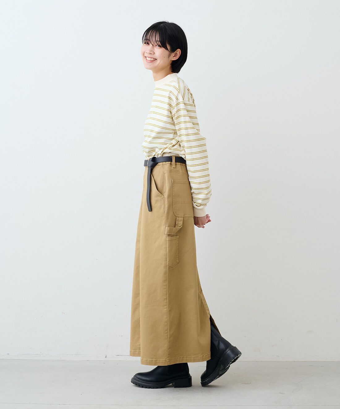 THREE FIFTY STANDARD［スリーフィフティースタンダード］|レトロなボーダーＴシャツ　ＴＦＳのコーディネート|モデル身長：163cm 着用サイズ：M