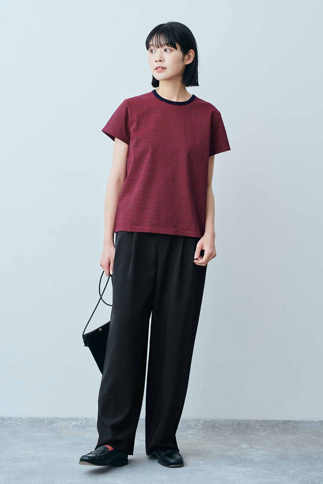 THREE FIFTY STANDARD|THREE FIFTY STANDARD すっきりシルエットのボーダーTシャツの会|モデル身長：163cm　着用サイズ：M