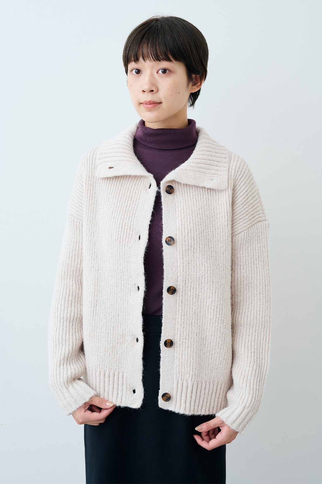 THREE FIFTY STANDARD|THREE FIFTY STANDARD　衿付きニットカーディガン〈ライトベージュ〉