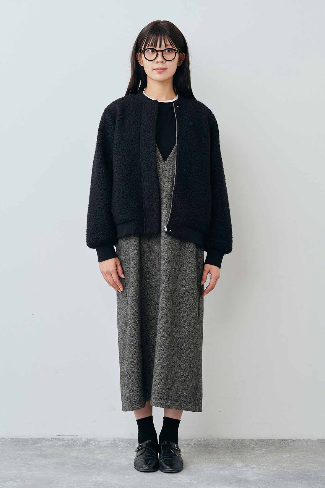 THREE FIFTY STANDARD|THREE FIFTY STANDARD 比翼のボアジップアップブルゾン〈ブラック〉|モデル身長：163cm　着用サイズ：M