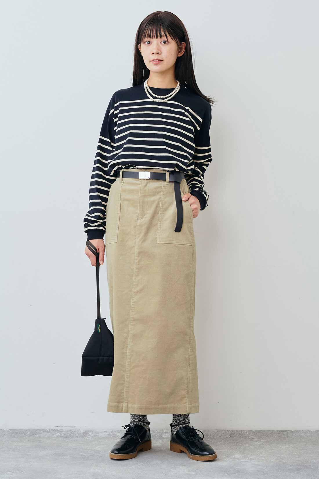 THREE FIFTY STANDARD|THREE FIFTY STANDARD クルーネックのパネルボーダーTシャツの会|モデル身長：163cm　着用サイズ：M