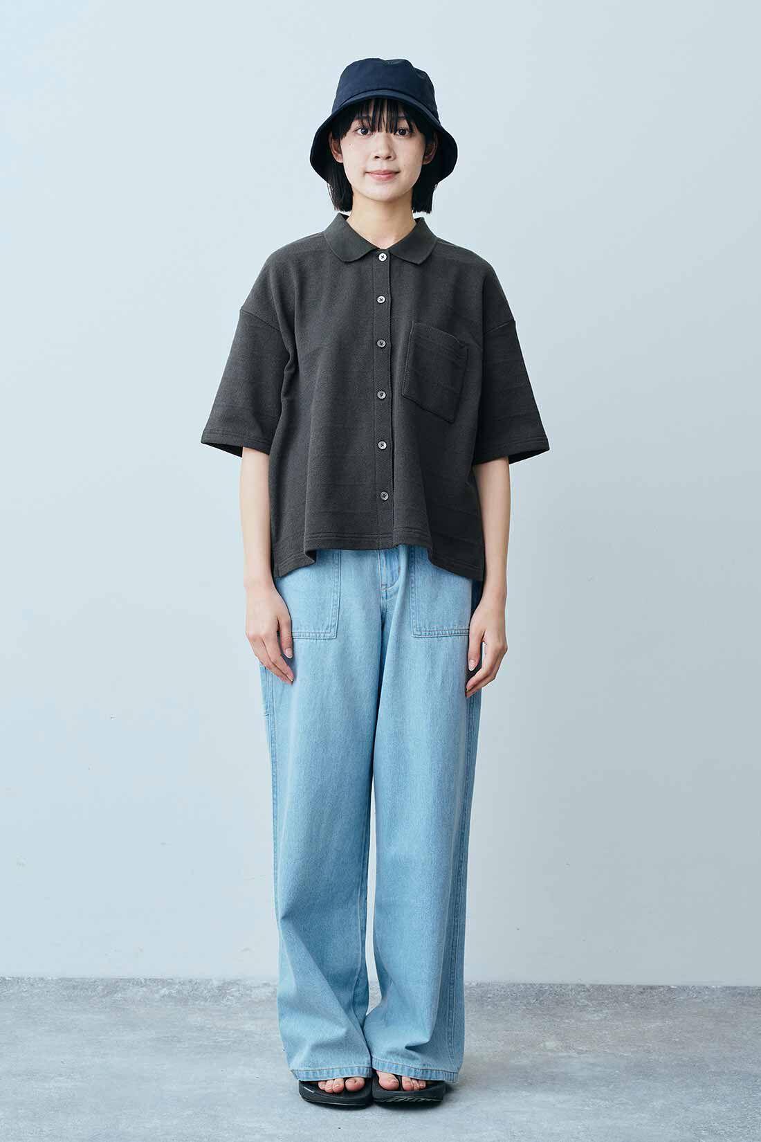 THREE FIFTY STANDARD|麻混 ペインターデニムパンツのコーディネート|モデル身長：163cm 着用サイズ：M