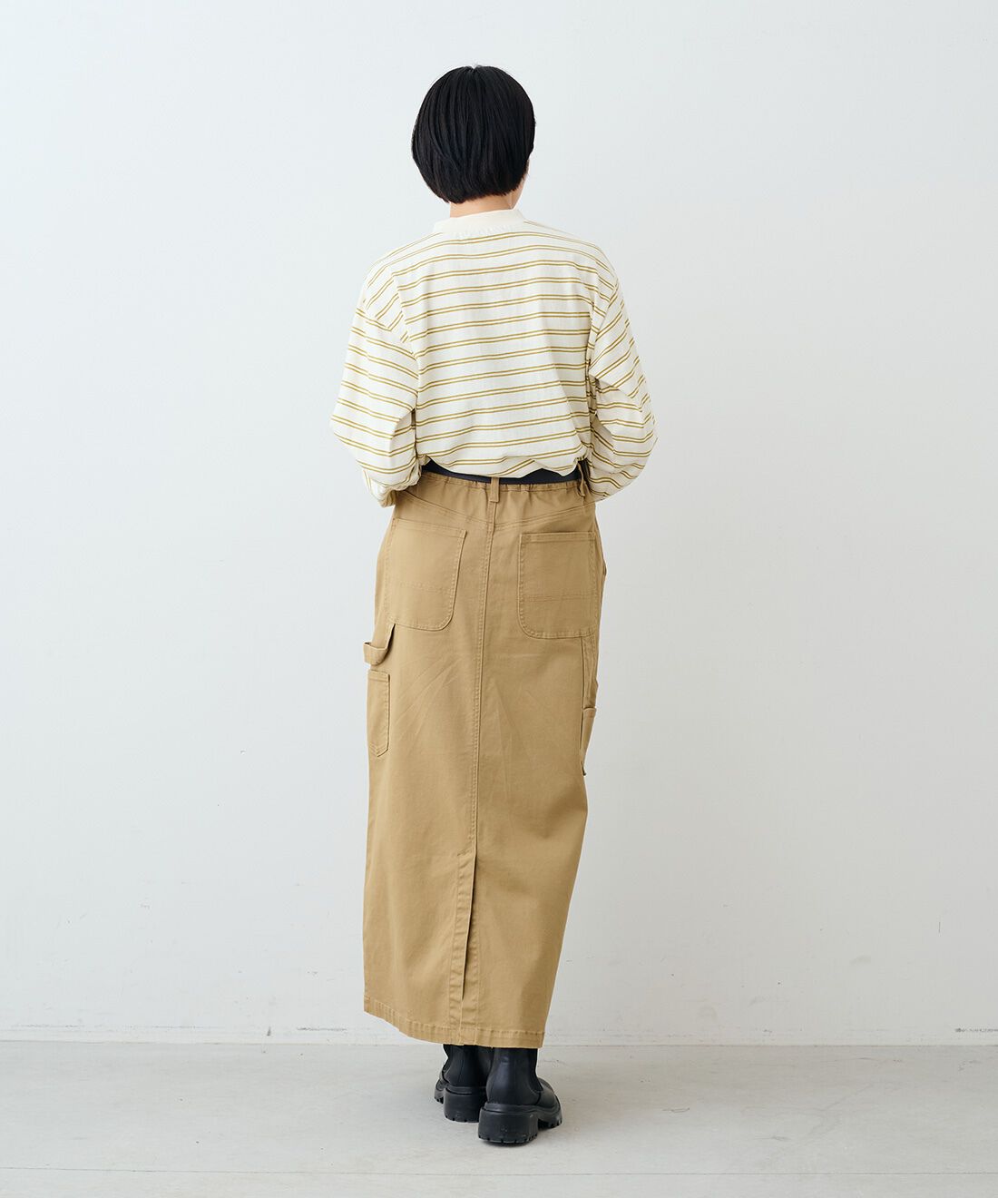 THREE FIFTY STANDARD［スリーフィフティースタンダード］|レトロなボーダーＴシャツ　ＴＦＳのコーディネート|モデル身長：163cm 着用サイズ：M