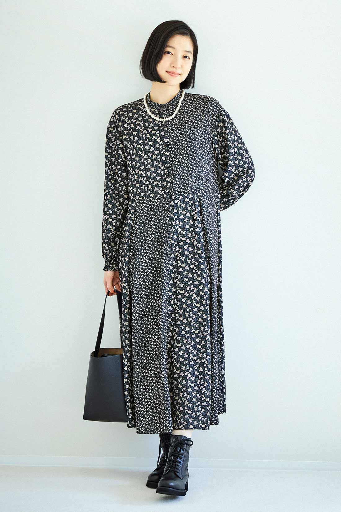 THREE FIFTY STANDARD|THREE FIFTY STANDARD　ミュルーズモダン 切り替えデザインのヴィンテージパターンワンピース〈ブラック〉