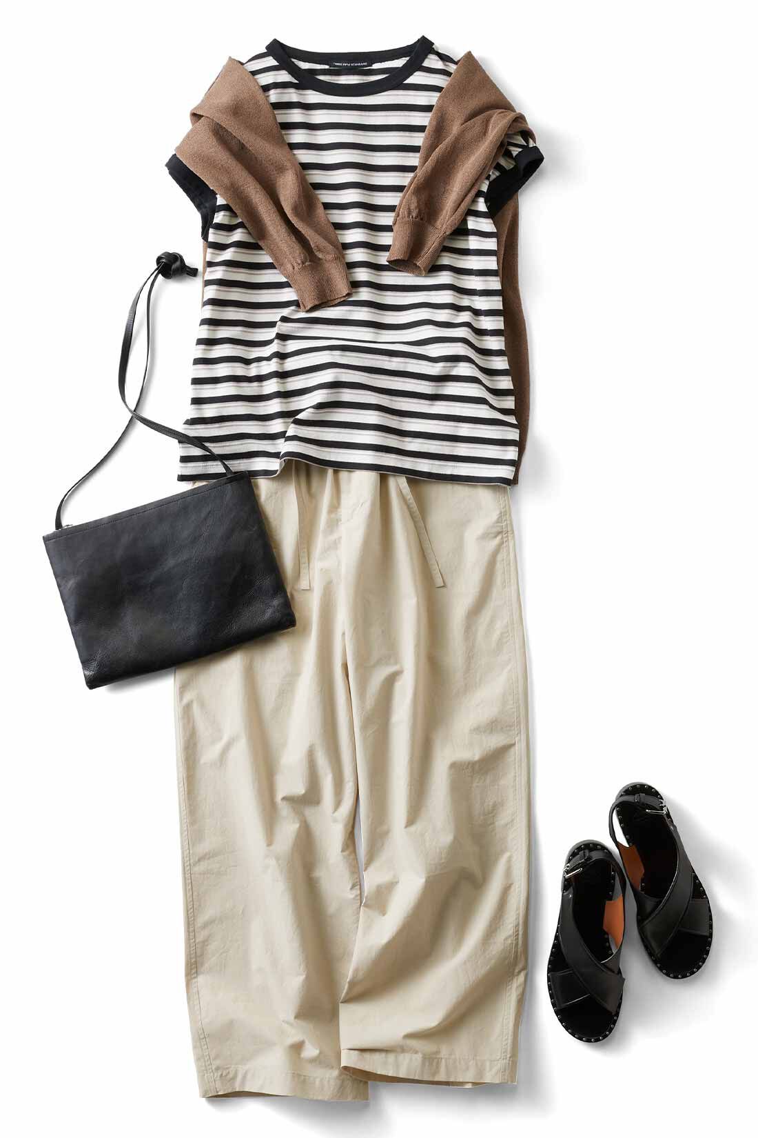 THREE FIFTY STANDARD|マルチボーダーのフレンチスリーブＴシャツ　ＴＦＳとセットアップイージーＰライトベージュ　ＴＦＳのコーディネート