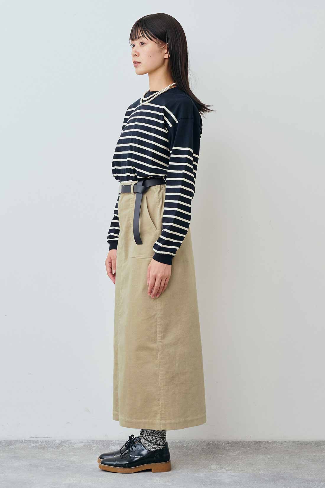 THREE FIFTY STANDARD|THREE FIFTY STANDARD クルーネックのパネルボーダーTシャツの会|モデル身長：163cm　着用サイズ：M