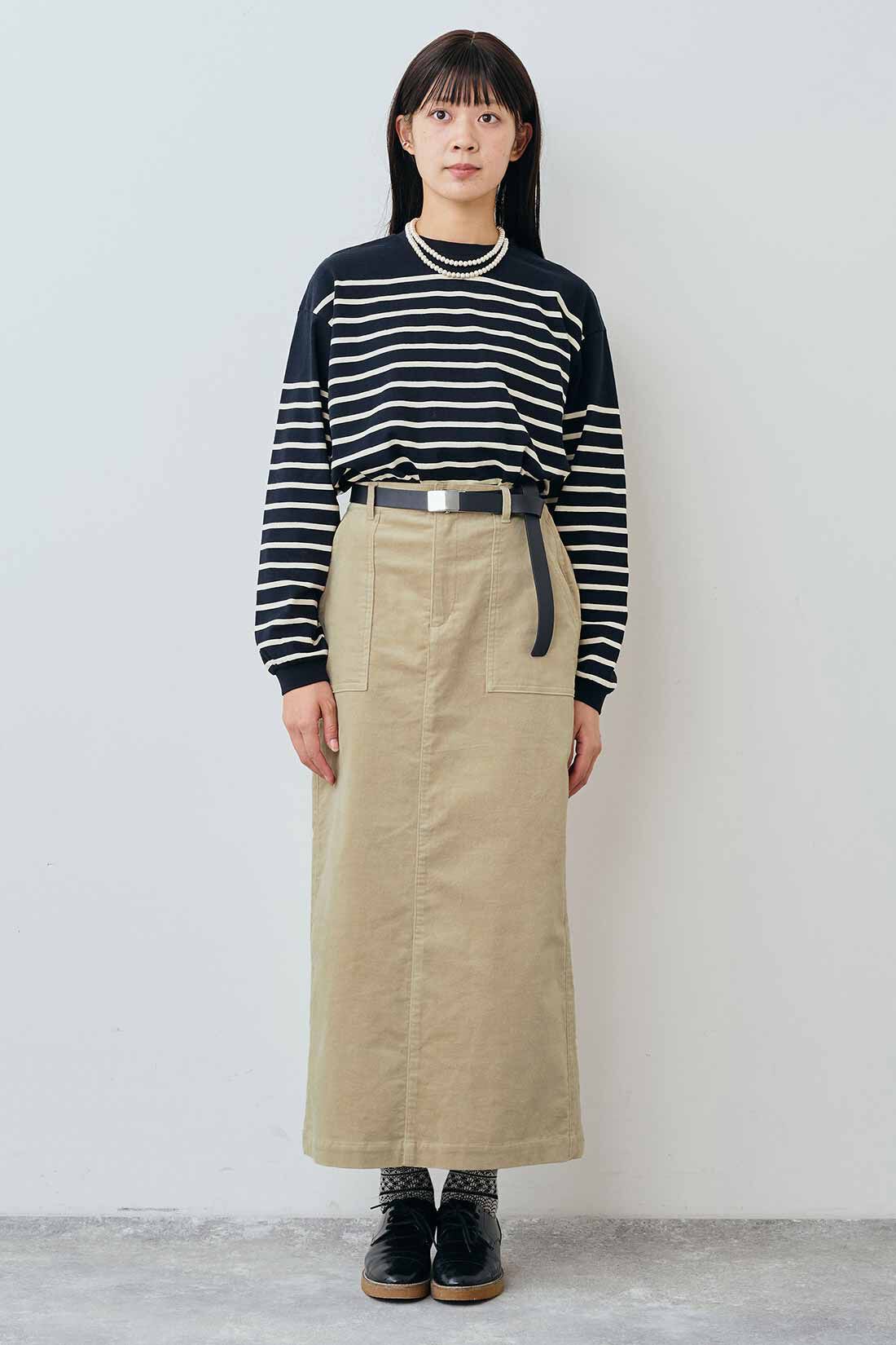 THREE FIFTY STANDARD|THREE FIFTY STANDARD クルーネックのパネルボーダーTシャツの会|モデル身長：163cm　着用サイズ：M