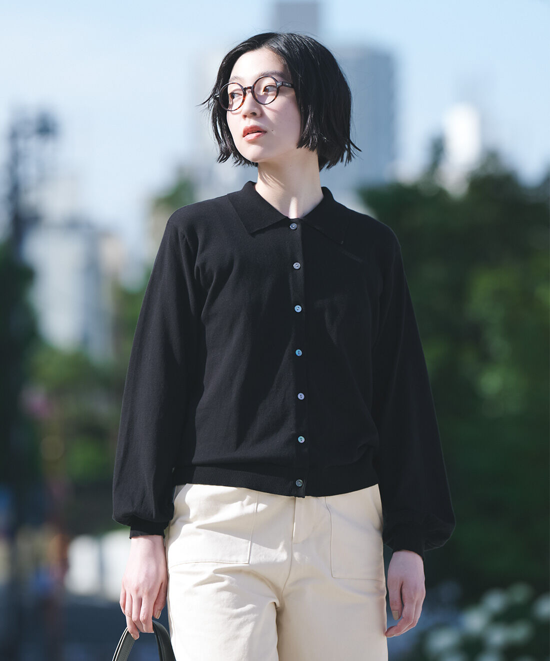 THREE FIFTY STANDARD［スリーフィフティースタンダード］|THREE FIFTY STANDARD　コットン100％のポロカラーカーディガン〈ブラック〉