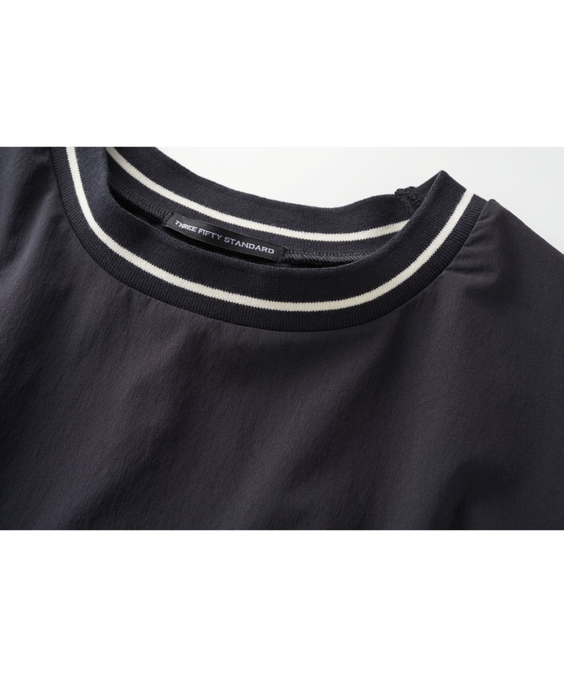 THREE FIFTY STANDARD［スリーフィフティースタンダード］|THREE FIFTY STANDARD　さらっとした着心地のラインリブワンピース〈ネイビー〉|光沢があって洗練感のある、タフなナイロン素材。