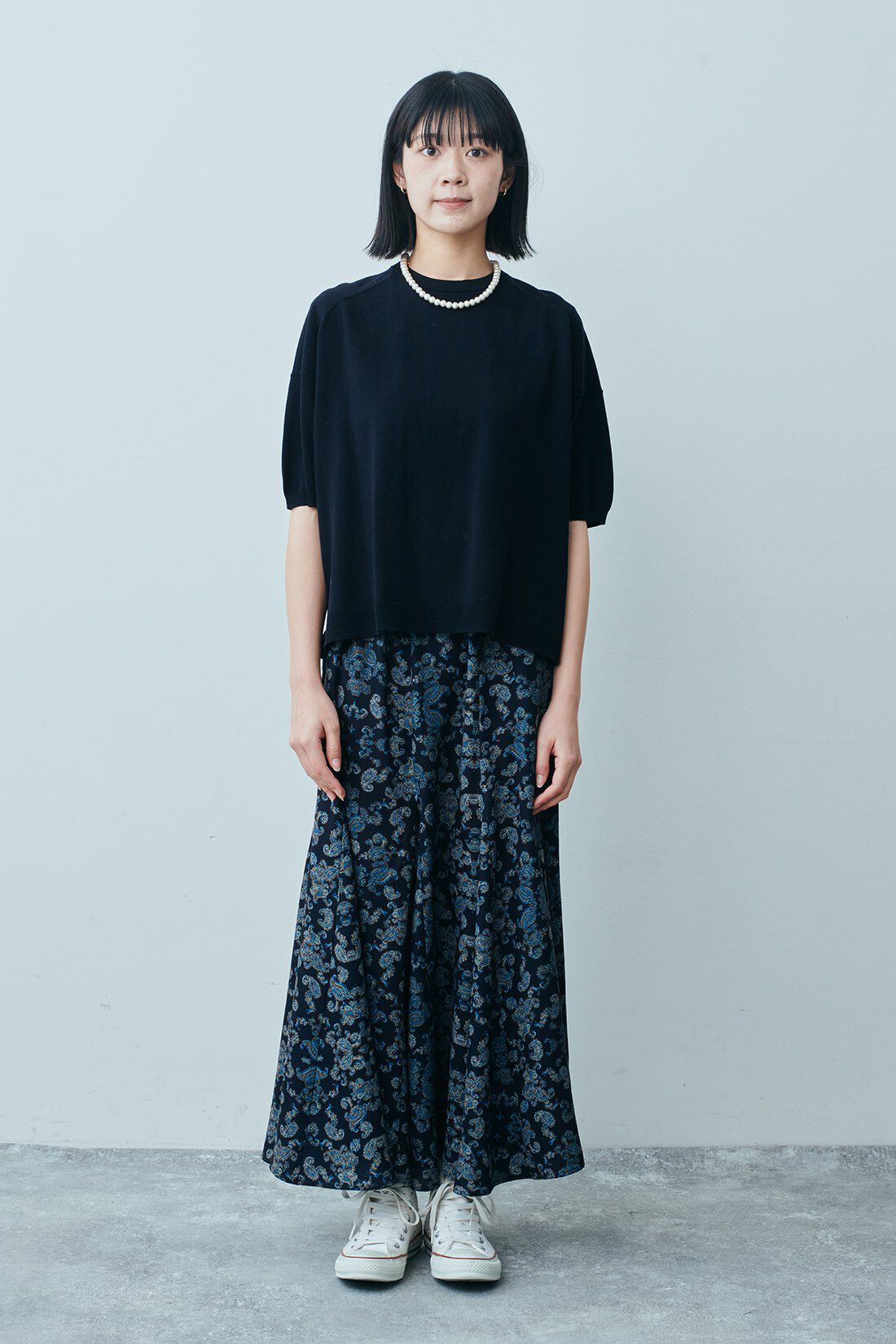 THREE FIFTY STANDARD|ダブルフロントジャケットＮＶ　ＴＦＳとワイドシルエットのニットプルオーバー　ＴＦＳとミュルーズモダンスカートＢＫ　ＴＦＳのコーディネート|モデル身長：163cm 着用サイズ：M