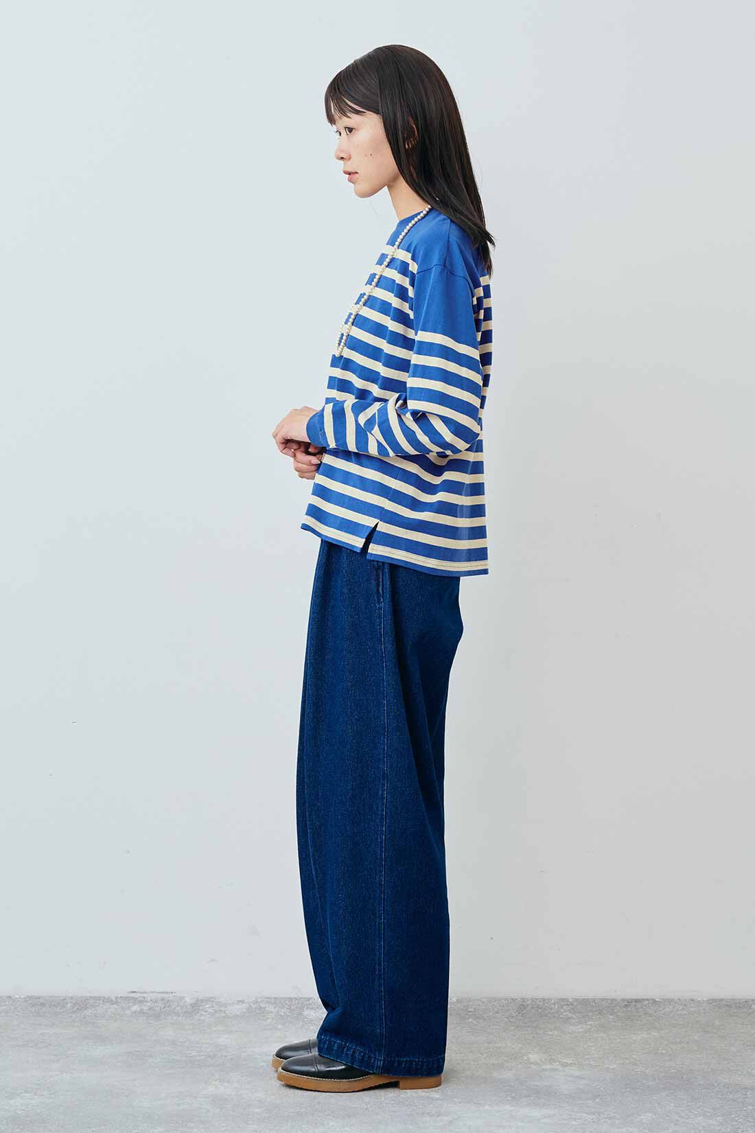 THREE FIFTY STANDARD|THREE FIFTY STANDARD クルーネックのパネルボーダーTシャツの会|モデル身長：163cm　着用サイズ：M