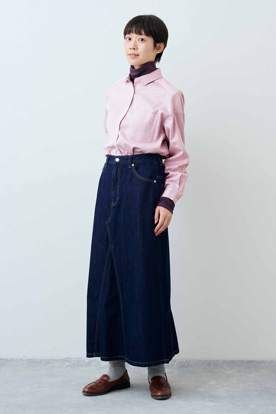 THREE FIFTY STANDARD|THREE FIFTY STANDARD　ピンクのストライプワイドシャツ|モデル身長：163cm　着用サイズ：M